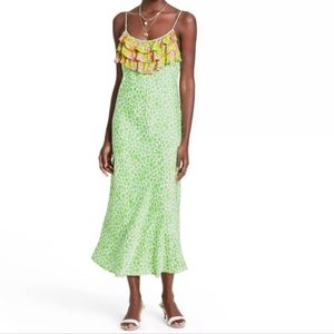 Rixo target green leopard ruffle midi dress